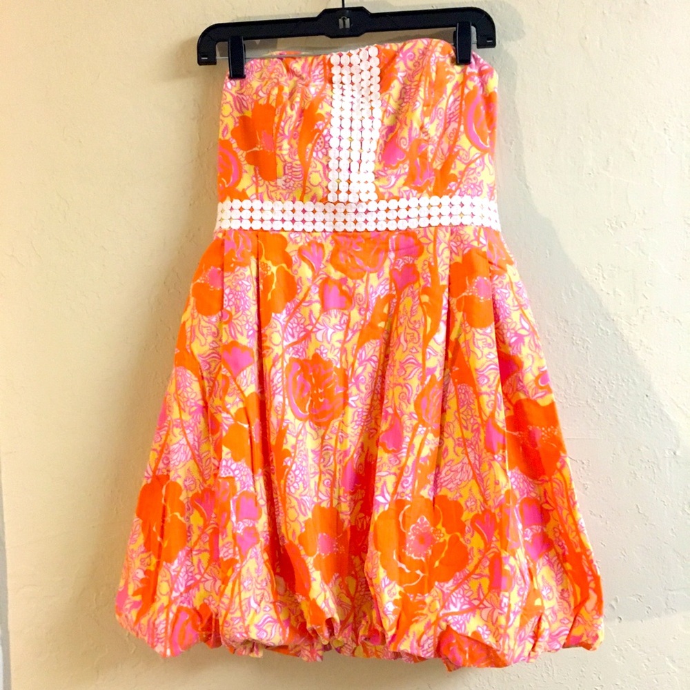 Vintage Lily Pulitzer Strapless Dress 8 Orange Pink Bubble Hem Sweatheart Neck - Picture 2 of 11